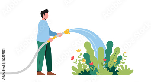 Illustration of a Person Watering Plants with a Hose in a Garden Setting with Lush Greenery and Colorful Flowers creating a Vibrant Scene portraying