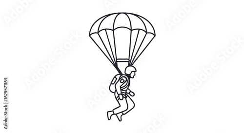 Solitary parachutist descending gracefully against a stark white expanse for extreme illustration 97 character