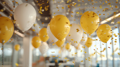 birthday party decoration, Yellow and white balloons floating in the air with golden confetti office space, birthday celebration, yellow and white balloons, Gold and white balloons 