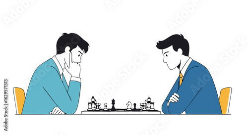 Strategic showdown: Two skilled professionals engage in a cerebral chess match, illustrating business intelligence and competitive planning