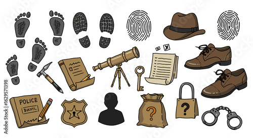 Illustrated Detective Investigation Clues and Mystery Objects Collection with Footprints Fingerprints Tools and Symbols.