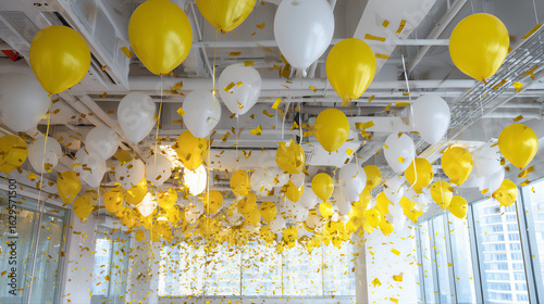 birthday party decoration, Yellow and white balloons floating in the air with golden confetti office space, birthday celebration, yellow and white balloons, Gold and white balloons 