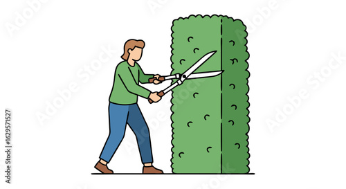 Illustration depicting a gardener meticulously shaping a tall, vibrant green hedge with large shears in a minimalist style garden maintenance scene