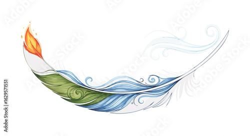 Abstract feather illustration integrating elements of fire, earth, water, and air creating a visual representation of nature's fundamental forces