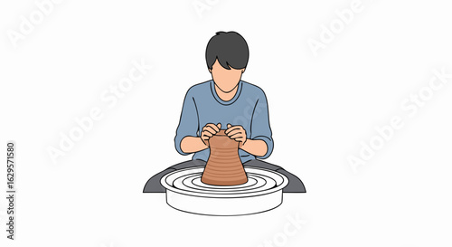 Illustrative pottery creation: Focused artist shaping clay on a spinning wheel with dedication and precision to design a pottery form that showcase