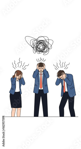 Employees feeling overwhelmed and stressed with mental cloud over their heads showing anxiety and pressure in office environment