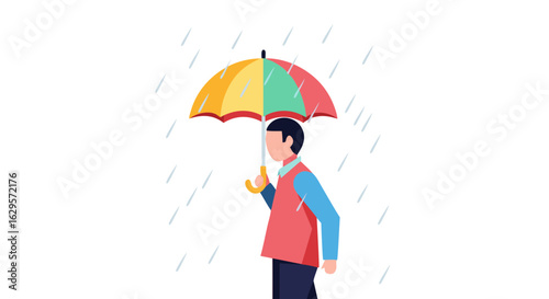 Isometric man protects himself from the rain with a colorful umbrella on a white background graphic illustration suitable for weather forecasts and