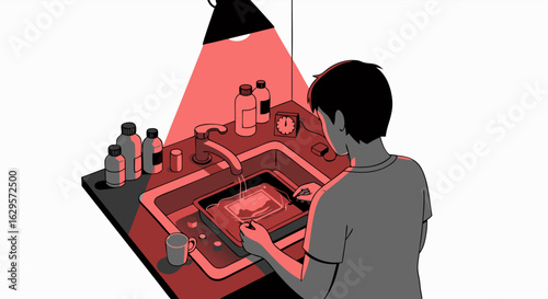 Retro Photographic Darkroom Scene: A Young Man Developing Film Under a Crimson Safelight Ambiance