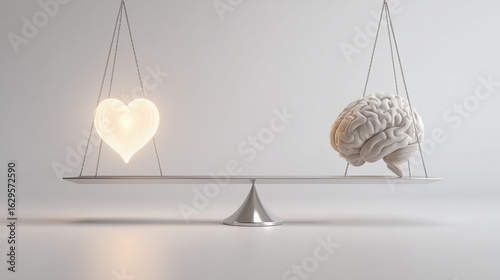 Heart and brain balance concept love versus logic emotional intelligence decision making equilibrium thought 3d