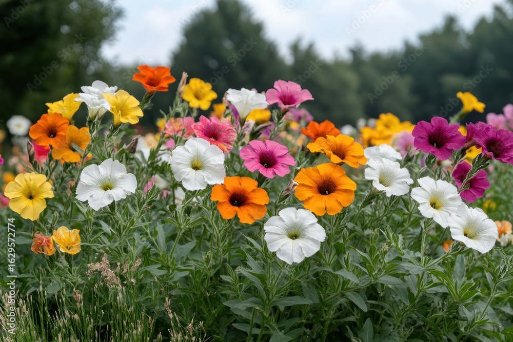 Fototapeta premium Vibrant flower garden filled with colorful petunias in bloom