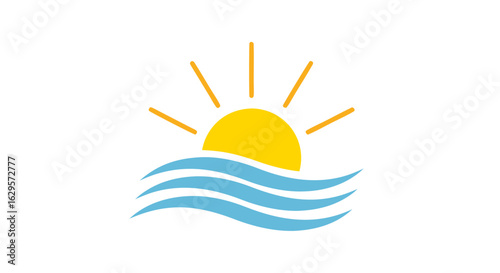 Vibrant sunrise above oceanic waves, a minimal representation of coastal serenity conveying a sense of peace, perfect for travel or wellness themed