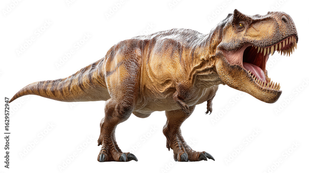 Obraz premium Apex Predator: A towering Tyrannosaurus Rex, a formidable dinosaur of the prehistoric era, roaring in a dynamic pose, epitomizing raw power and ancient grandeur. 