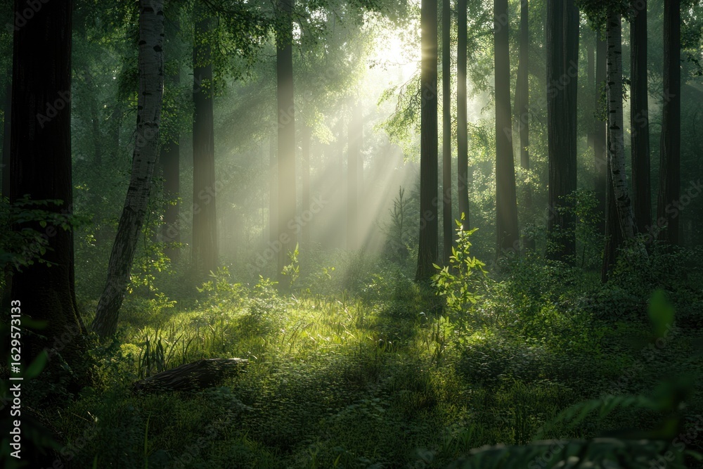 Fototapeta premium Scenic vibrant forest background with dense green foliage in morning light