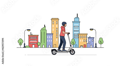 Electric scooter ride through city: Modern urban mobility for young person in cityscape vector illustration