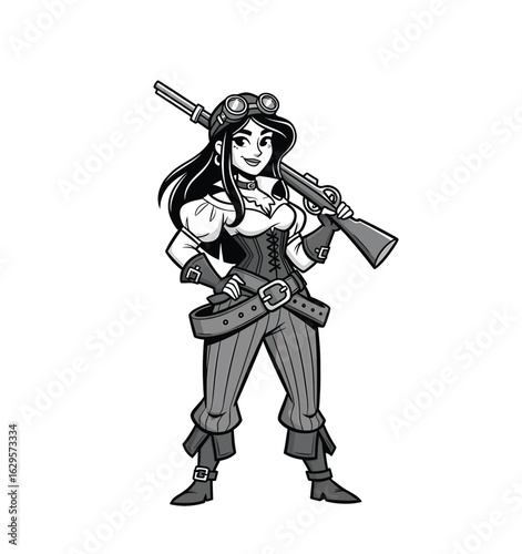 Confident Steampunk Woman Character with Rifle Vector Art