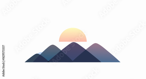 Geometric mountain range with a serene sunrise, presenting a contemporary and minimalist vista that exudes tranquility and harmonic balance