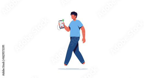 Man using navigation app on tablet while walking, depicts modern tech usage and daily life, conveying information era and mobile technology