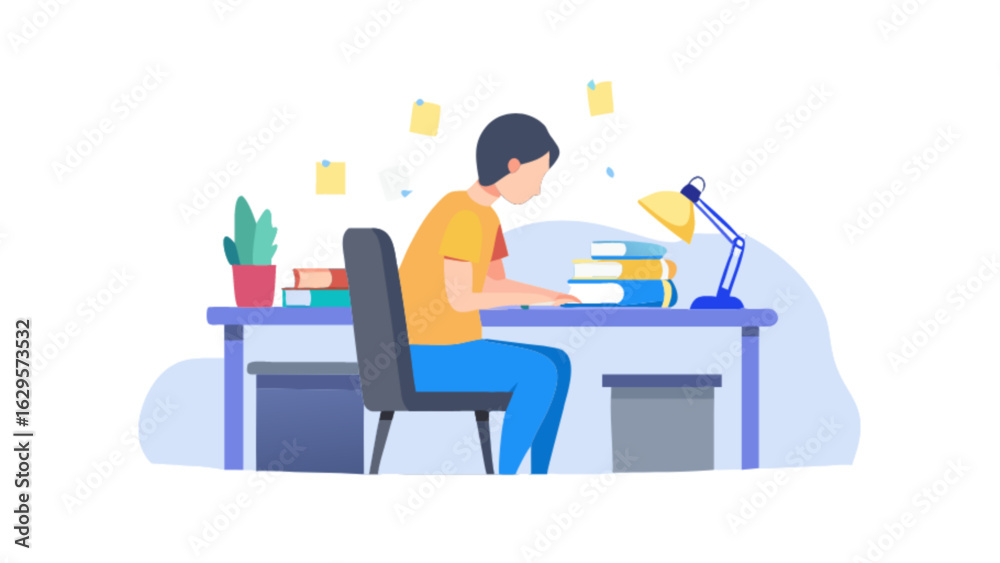 Illustration of student studying for exam at desk with books and lamp for education concept design vector Illustration of student studying for exam at desk with books and lamp for education concept design vector