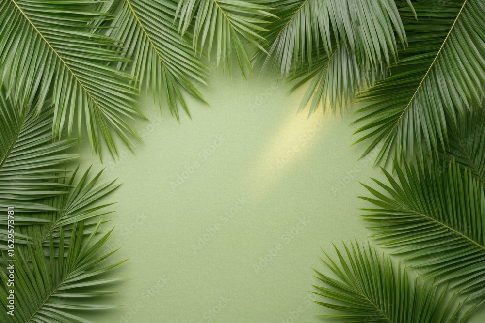 Obraz premium Sunlight shining through vibrant green palm leaves in tropical forest