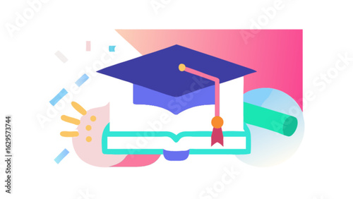 Graduation cap and book vector illustration for education and academic achievement design concept art