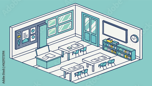 Isometric classroom design vector illustration for education and learning environment concept design illustration