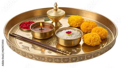 Traditional puja thali PNG with diya, flowers, and kumkum.

