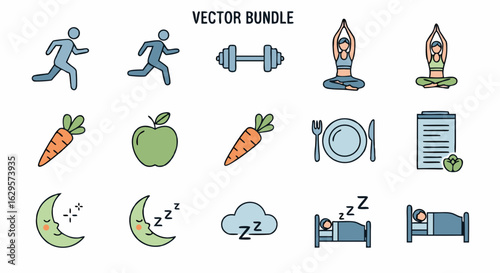 Health and Wellness Icons: Illustrating Balanced Lifestyle and Holistic Practices for Well-being