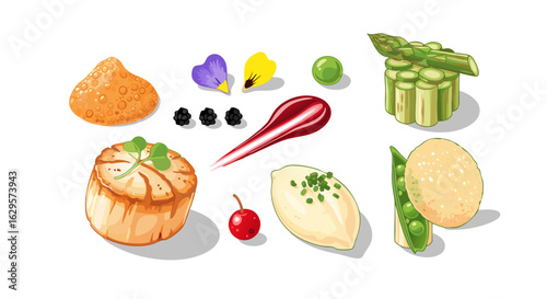 Illustrative culinary arrangement with vibrant ingredients for food design and presentations