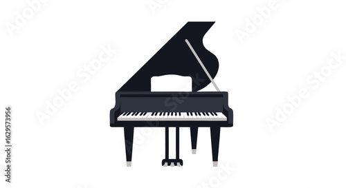 Elegant depiction of a black grand piano with pristine white keys and music stand, symbolizing sophistication and artistry presented against clean