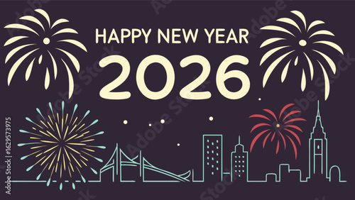 Happy new year 2026 celebration with fireworks over city skyline vector graphic design template