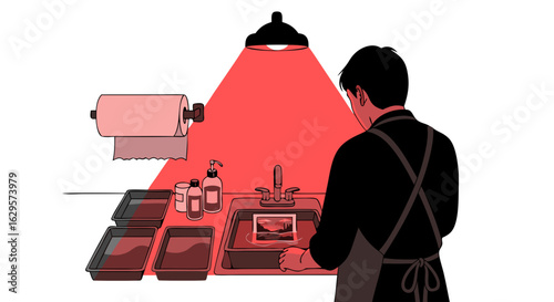 Illustration depicting the meticulous process of developing film in a darkroom setting under a red safety light, highlighting the traditional