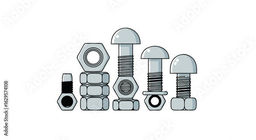 Illustration showcasing an array of stylized bolts and nuts in neat arrangement on a plain backdrop