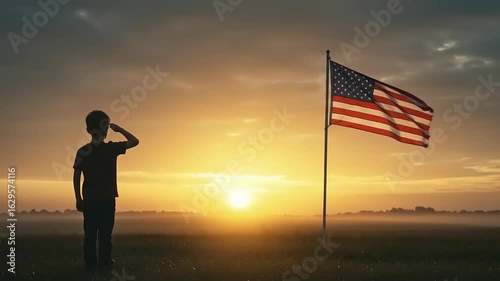 Boy saluting flag at sunrise