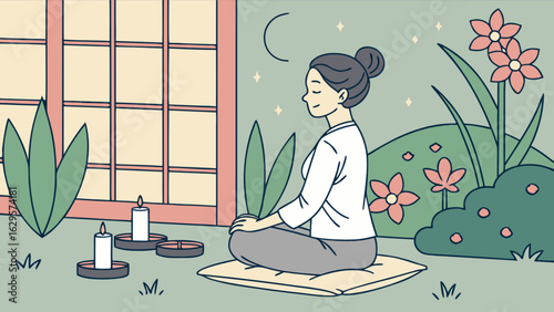 Woman meditation wellness mindfulness zen relaxation yoga outdoor peaceful garden at night illustration design