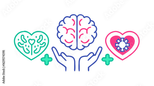 Mental health awareness concept with brain and hearts for psychological wellbeing and emotional balance focus