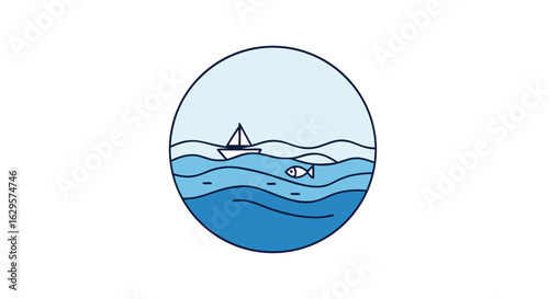 Serene seascape illustration with sailboat and fish on blue waters within a circular frame offering a calm and peaceful nautical minimalist vector