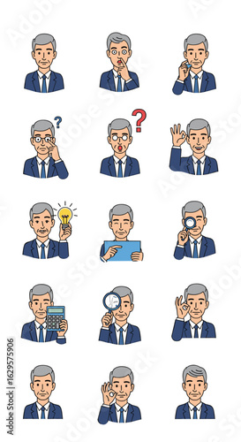 Collection of business professional emotive illustrations showing various thought processes and actions