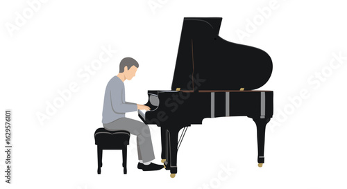 Illustration of a classical pianist performing on a grand piano with minimalistic aesthetics and grayscale color palette emphasizing artistic