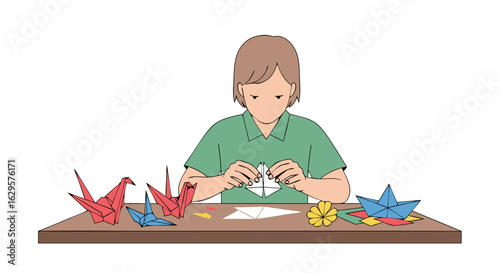 Focused hobbyist crafting paper art, diligently folding origami cranes and shapes on tabletop, pursuing creative expression and mindful