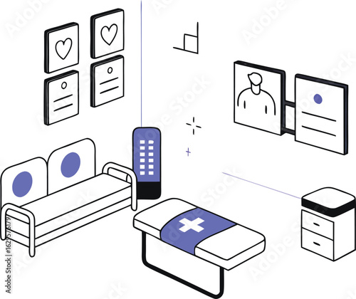 "Futuristic 3D smart hospital room with medical IoT devices and digital monitors"