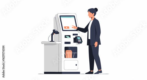 Businesswoman Interacting with a Modern Self-Service Kiosk Interface for Transactional Processes