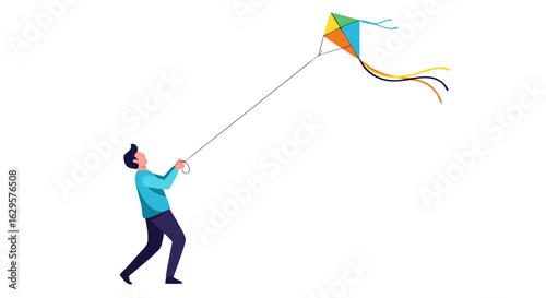 Illustration of a man happily flying a vibrant kite against a clear sky backdrop, showcasing freedom and carefree moments under open skies,