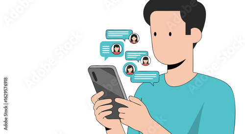Illustration of a Man Engaging in Online Conversations via Mobile Device Showing Connection to Social Circles