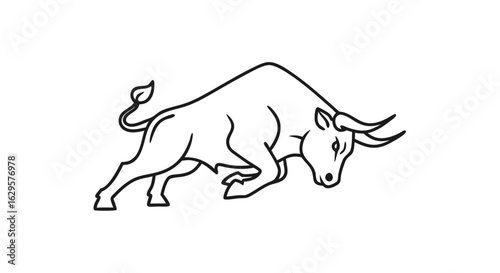 Illustrative line drawing of a powerful bull charging forward with strength and determination, on a minimalist white backdrop creating a bold simple