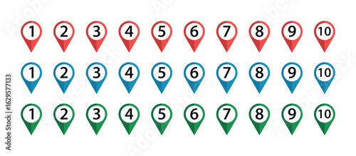 Colorful Location pin icons with number. Editable Vector GPS Markers in Black, Red, Blue and Green for Navigation, Infographics