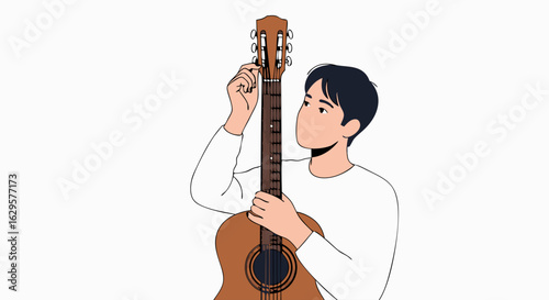 Focused Musician Tuning His Acoustic Guitar Preparing for Performance or Rehearsal Session