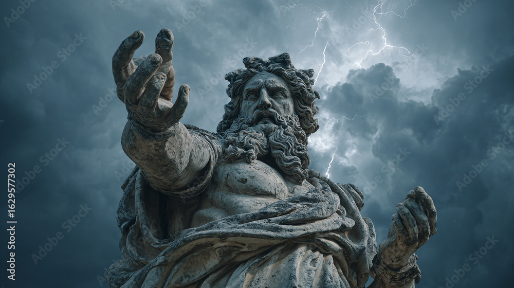 Obraz premium Weathered statue, standing against a stormy sky with flashes of lightning, hand extended in a commanding gesture, evoking power and ancient mythology.