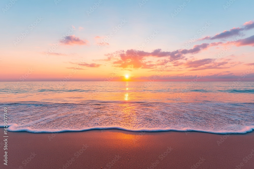 Fototapeta premium Colorful sunset over ocean waves with a tranquil beach setting at dusk