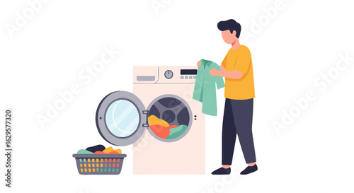 Modern minimalist illustration of a man doing laundry with a washing machine and basket portraying domestic chores and routine lifestyle