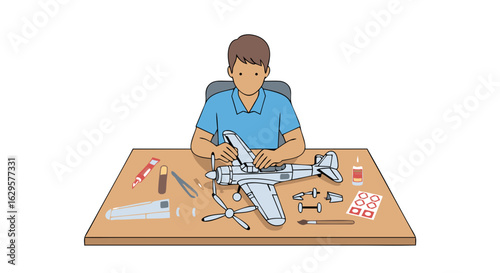 Focused Hobbyist Assembling a Vintage Airplane Model with Precision and Detail on a Clean Workspace
